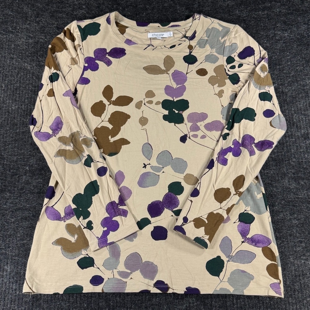 Chicos Long Sleeve Botanical Leaf Print Top Tan Purple Green Size 0 Small